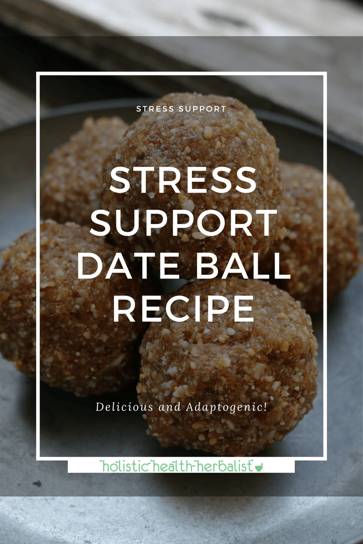 Stress Support Date Ball Recipe - Learn how to make an energizing snack that reduces stress, boosts endurance, and balances hormones using ashwagandha, shatavari, and maca root. #stress