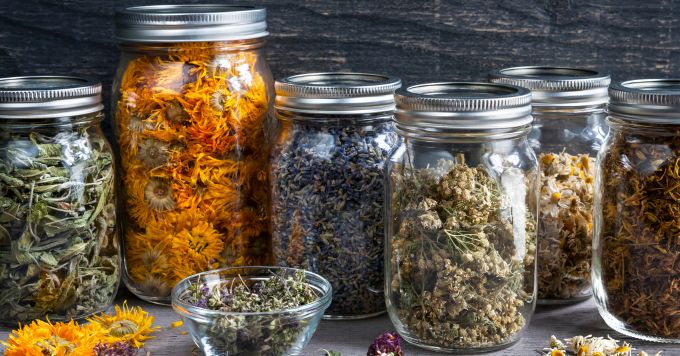 jars of dried herbs